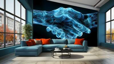 two wire-frame glowing hands, trust concept, handshake, technology, business Wall mural