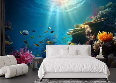 underwater exploration of a vibrant coral reefs and tropical fish. AI generative Wall mural