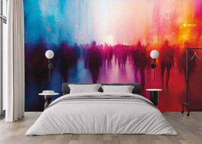 Vibrant, abstract crowd in a blurred setting, with a mix of colors and shapes, creating a lively and energetic visual effect. Wall mural