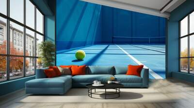 Vibrant blue tennis court with a tennis ball, epitomizing the spirit of a sporty lifestyle. Wall mural