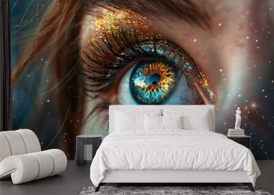 Woman's eye macro photography with galaxy reflection and starry sky, focusing on vision and confident gaze. Wall mural