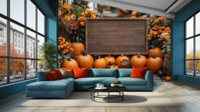 Wooden blank sign surrounded by pumpkins in a cozy autumn decor, providing space for custom text. Wall mural