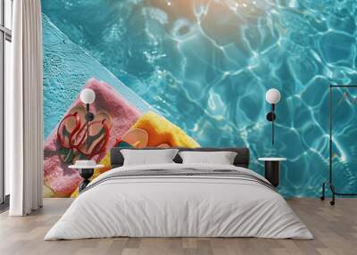 a top-down shot of colorful towels, sunglasses, and flip-flops next to a crystal clear pool Wall mural