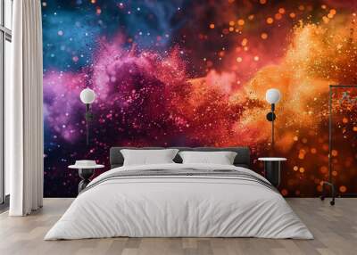 artistic representation of colorful powders exploding on a dark backdrop, highlighting the dynamic display of multicolored glitter. Wall mural