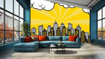 pop art comic background with city silhouette and cloud illustration. flat comic style background Wall mural