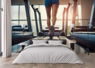 Runner running on treadmill in fitness club, photo of legs down, close up Wall mural