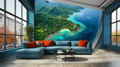 Scenic aerial view of an island from a plane window, vibrant landscape and ocean Wall mural