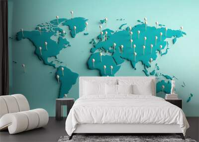 World Map icon with pins. travel concept. 3d render illustration Wall mural