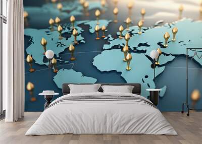 World Map icon with pins. travel concept. 3d render illustration Wall mural