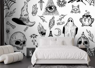 Hand-drawn halloween themed vector illustration set Wall mural