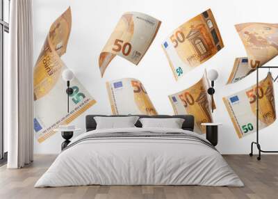 50 euro flying on white background. Euro Union banknotes at different angles Wall mural