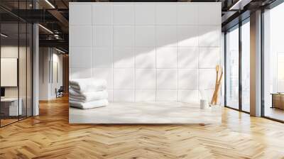 front view of bathroom with white tile wall, various bath objects, and sunlight. copy space. Wall mural