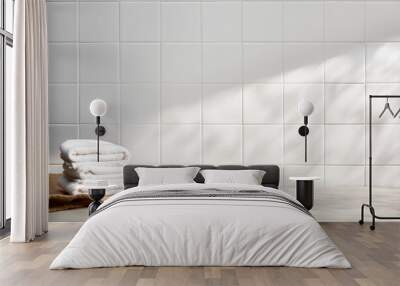 morning sunlight on modern white tile bathroom and bath object Wall mural