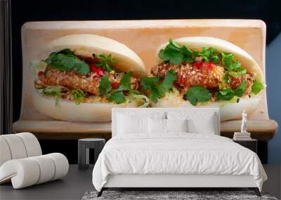 Bao. Steamed rice rolls with shrimp and herbs.  On a black background. Vegetarian dish. Wall mural