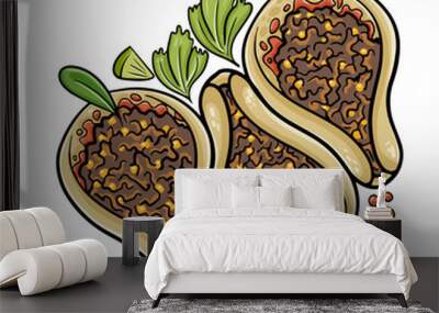 Mexican tacos with beef, tomatoes, avocado, chilli and onions isolated on white background. Wall mural