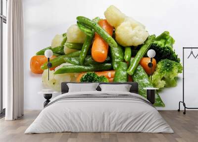 Steamed vegetables on white background. Cauliflower, peas, broccoli, carrots and asparagus beans. Wall mural