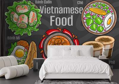 Vietnamese food. A set of classic dishes. Cartoon hand drawn illustration. Wall mural