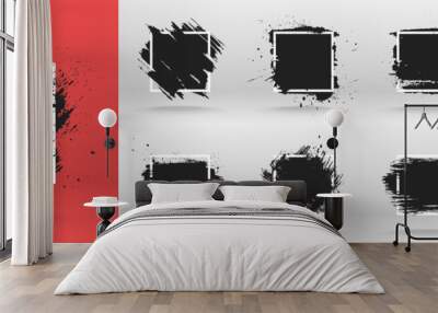 Grunge backgrounds set. Brush black paint ink stroke over square frame. Vector illustration Wall mural