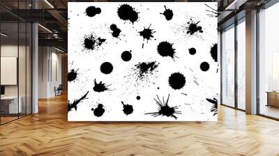 Set of black ink splashes and drops. Different handdrawn spray design elements. Blobs and spatters. Isolated vector illustration Wall mural