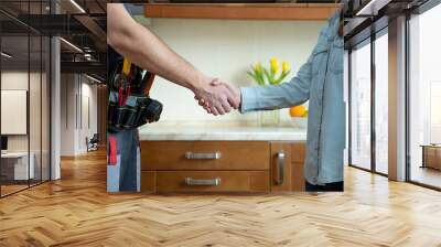 Close up of plumber and client shaking hands in kitchen. Repairman shaking hands with woman Wall mural