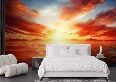 Red Sunset over the sea with clouds and waves. Generative AI technology. Wall mural