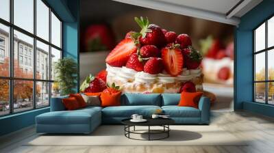 Strawberry cake with wrapped cream and fresh strawberries on a dark background. Generative AI technology. Wall mural