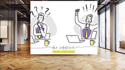 Hand drawing illustration of two men. One is asking questions. The other solves problems. Wall mural