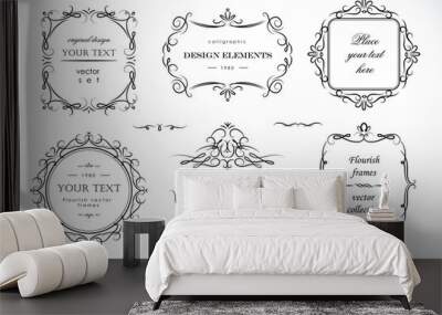 Set of flourish frames, borders, labels. Collection of original design elements. Vector calligraphy swirls, swashes, ornate motifs and scrolls.  Wall mural