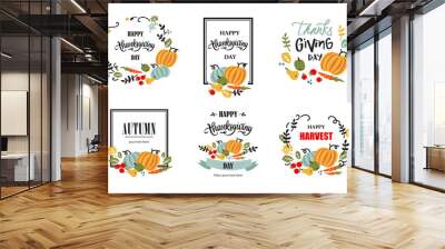 Set of happy Thanksgiving hand drawn typography poster. Elements for Thanksgiving greeting card with vegetables, fruits, berries and leaves. Vector calligraphy lettering, sign, symbol, banner. Wall mural