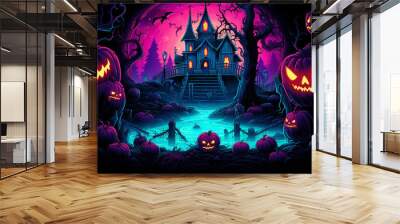 an illustrated neon Halloween scene on a black background Wall mural