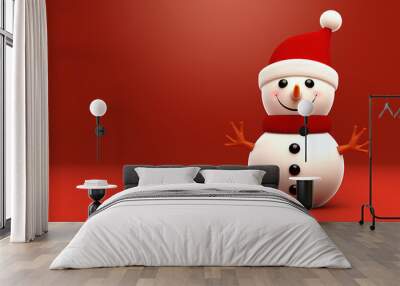 Cute 3D snowman on a red background, Christmas Wall mural