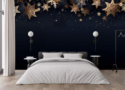 Gold snowflakes on a navy blue background with space for copy or text Wall mural