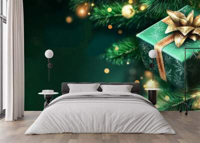 Green and Gold Christmas Gifts and Ornaments on a Green Background, copy space Wall mural