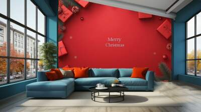 Red Christmas Gifts on a Red Background, Merry Christmas Greeting Card Wall mural