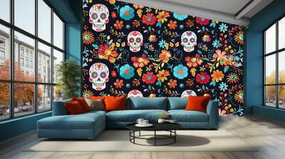 Sugar Skulls and Flowers seamless pattern Wall mural