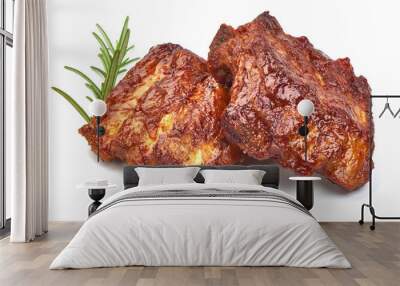 Barbecued and Marinated Sticky Spare Ribs with herbs, isolated on a white background. Close-up Wall mural