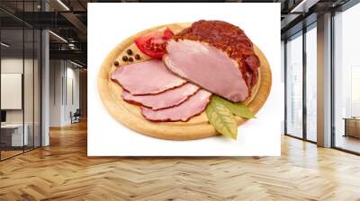 Cold smoked meat with slices, rustic style, isolated on white background. Wall mural