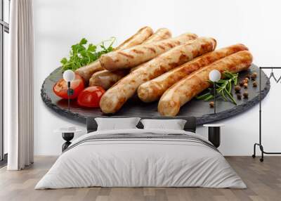 Fried Sausages For Beer on a slate shale plate, isolated on a white background. Close-up. Wall mural