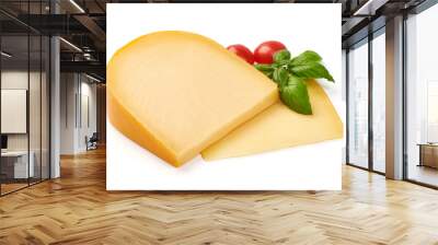 Hard Dutch gouda cheese, close-up, isolated on white background Wall mural