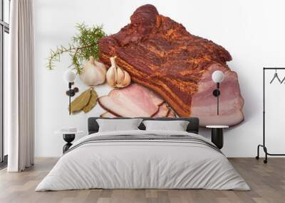 Smoked pork bacon with chopped slices, isolated on white background. Wall mural