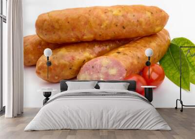 Smoked pork sausages with cheese, isolated on white background Wall mural