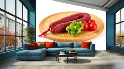 Spanish pork chorizo sausage, close-up, isolated on white background. Wall mural