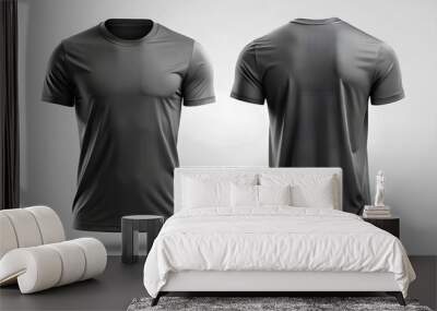 Blank black clean tshirt mockup isolated in front and back views 3D rendering Empty gray undershirt model mockup Clear dark classic soccer shirt template. AI Generative Wall mural