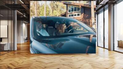 Young family in casual wear having fun and smiling while riding in the car Wall mural