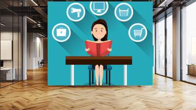 avatar woman smiling sitting and reading a book with business and shopping icon set. colorful design. vector illustration Wall mural