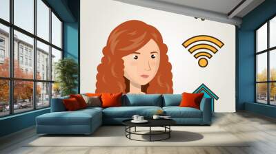 avatar woman with mobile chat and social media icon set. vector illustration Wall mural