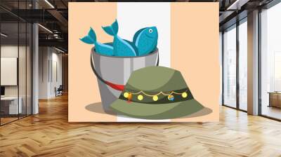 bucket with fishes and hat fishing equipment vector illustration Wall mural