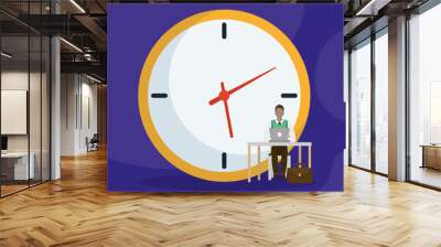 Businessman with laptop on desk in front of clock vector design Wall mural