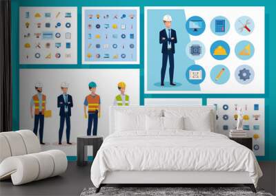 engineer men with set icons working vector illustration design Wall mural