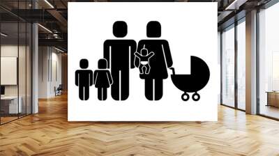 family figure with kids and baby cart silhouette icon Wall mural